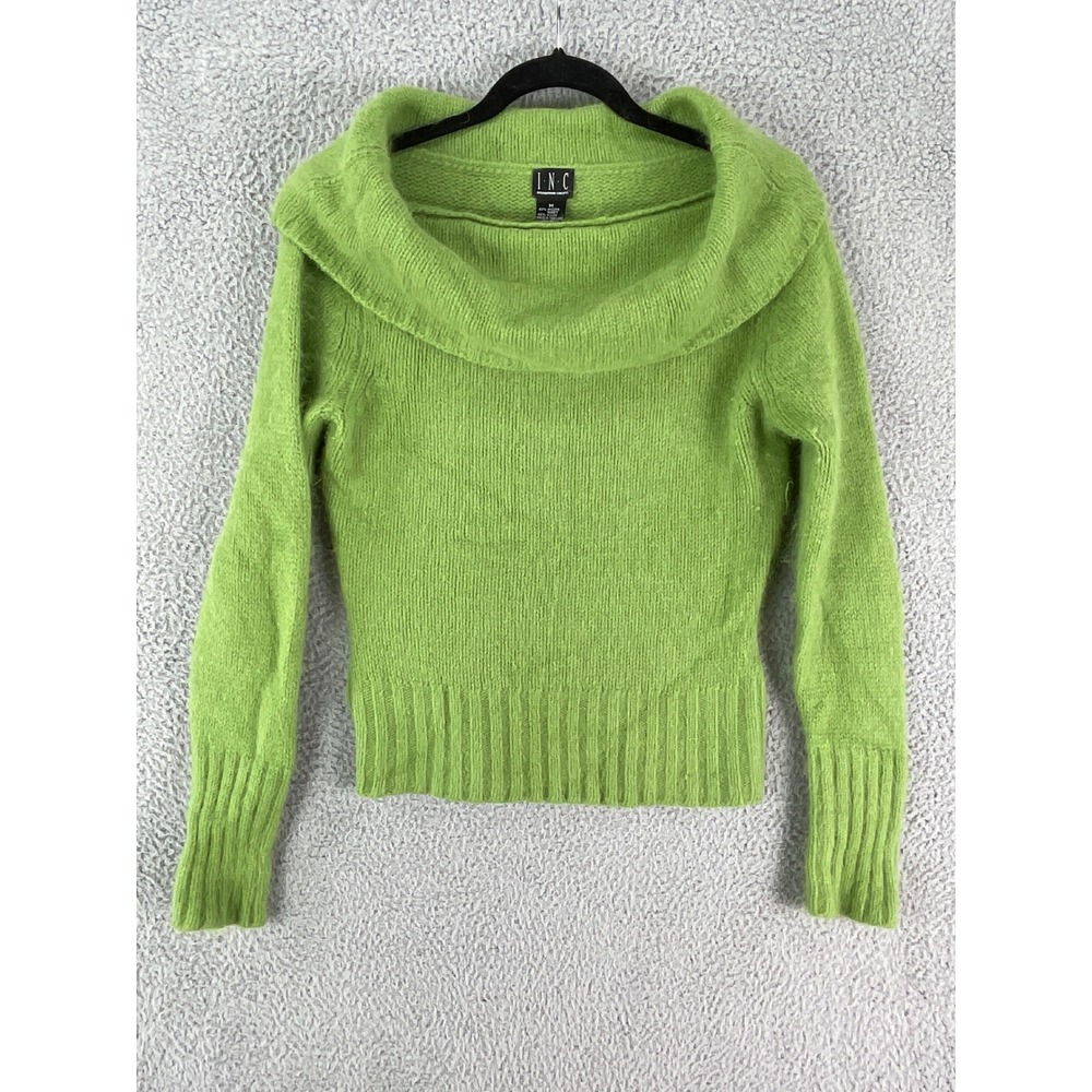 INC Angora Blend Sweater Womens Medium Lime Green Cowl Neck Fuzzy Knit Pullover